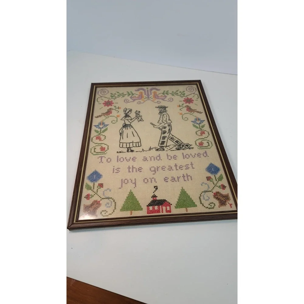 Vintage Cross Stitch Art Country Rustic Farmhouse Amish Couple Framed Barn 16x12